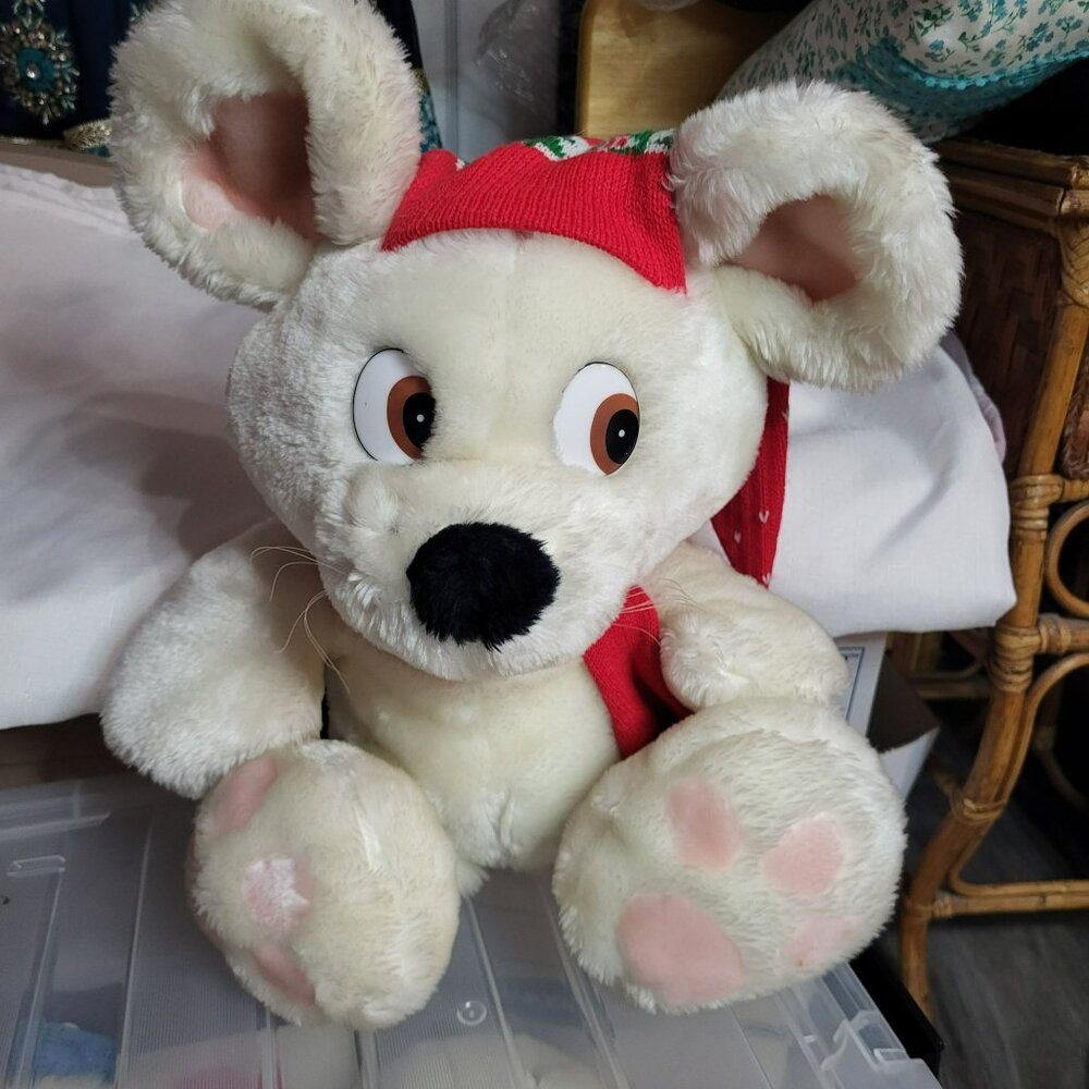 White Plush Christmas Mouse With Red Knit Hat & Scarf